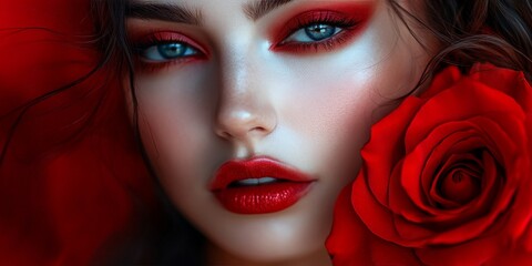 Conceptual portrait with bold red rose aesthetics