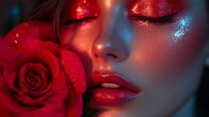 Conceptual portrait with bold red rose aesthetics