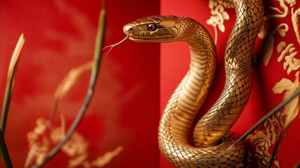 Fototapeta premium This striking macro photograph captures the intricate details of a golden snake decoration against a vibrant red background, symbolizing wealth and good fortune during the Chinese New Year festivities