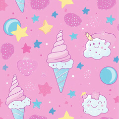 Cute Pink Pastel Pattern with Ice Cream and Stars