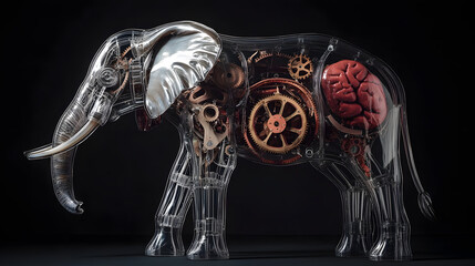 Steampunk Elephant with Intricate Mechanical Design, Transparent Steampunk Art Elephant, Industrial Steampunk Elephant Art