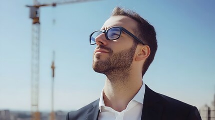 A professional man gazing upward against a construction backdrop, symbolizing ambition and vision.