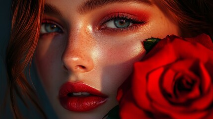Conceptual portrait with bold red rose aesthetics