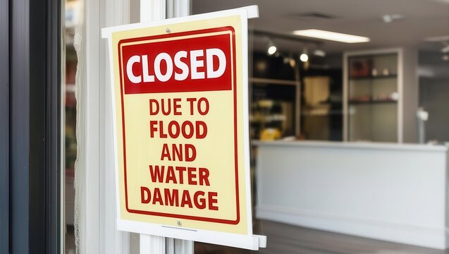 A closed sign hangs in a storefront, indicating the business is shut down due to flood and water damage.
