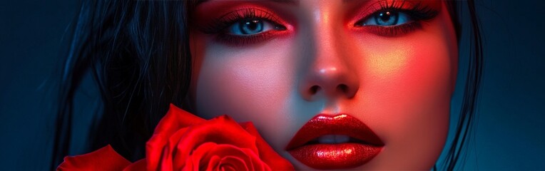 Obraz premium Conceptual portrait with bold red rose aesthetics