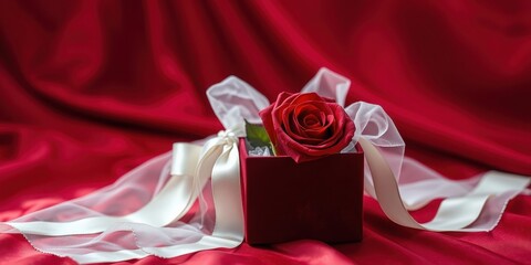 A single red rose nestled in a crimson gift box adorned with elegant cream ribbon and sheer fabric, resting on a rich red satin background.