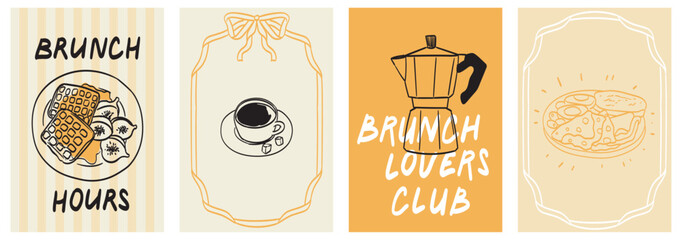 Morning breakfast food wall art design. Business brunch dishes placard or poster collection for cafe or restaurant design. Vintage hand drawn doodle sketch vector illustration. Engraved line ink style