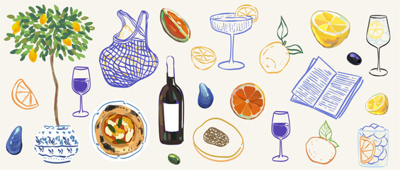 Italian style vacation hand drawn vector illustrations in mixed media collage style with doodle sketch elements. Lemons, wine and pizza vacation in dolce vita style. Oil drawings for poster, placard.