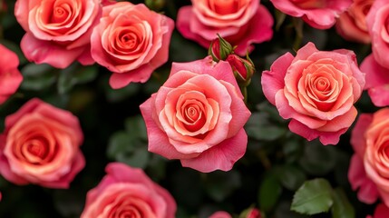 Fototapeta premium Beautiful close-up of pink roses in full bloom, showcasing delicate petals and lush green foliage, perfect for celebrating love and nature's beauty in any decorative project.