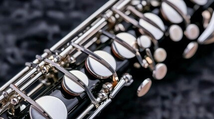 Close-Up View of a Beautifully Polished Oboe Showing Intricate Mechanics and Elegant Design,...