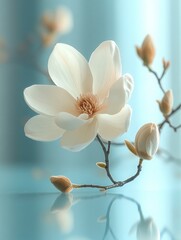 Obraz premium Single delicate white magnolia blossom with buds on a branch reflecting on a blue surface.