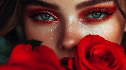Conceptual portrait with bold red rose aesthetics