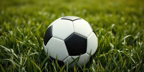 Fototapeta premium A classic black and white soccer ball rests gently in a vibrant green grassy field, ready for the next exciting game.