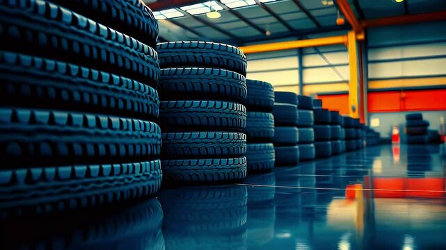A warehouse filled with neatly stacked tires on a polished floor.