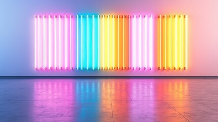 Obraz premium A Vibrant Array of Neon Lights Illuminating a Modern Space with Reflective Floor and Colorful Wall Art for Contemporary Interior Design Inspiration