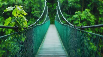 Fototapeta premium Serene Suspension Bridge Surrounded by Lush Greenery in a Jungle Environment, Inviting Exploration and Adventure Amidst Nature's Beauty