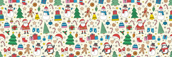 Colourful Christmas pattern with hand drawn decorations. Holiday background design. Vector illustration