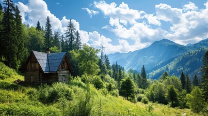 Obraz premium Idyllic Mountain Cabin: Serene Rural Landscape with Wooden House Among Lush Green Trees and Towering Mountains