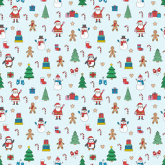 Christmas background design. Seamless pattern with cartoon ornaments. Vector illustration