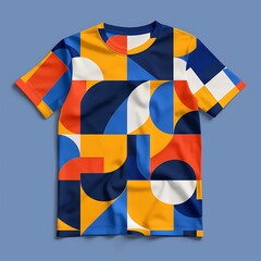 Abstract geometric pattern in vibrant colors on a boys' t-shirt, against a solid blue background.