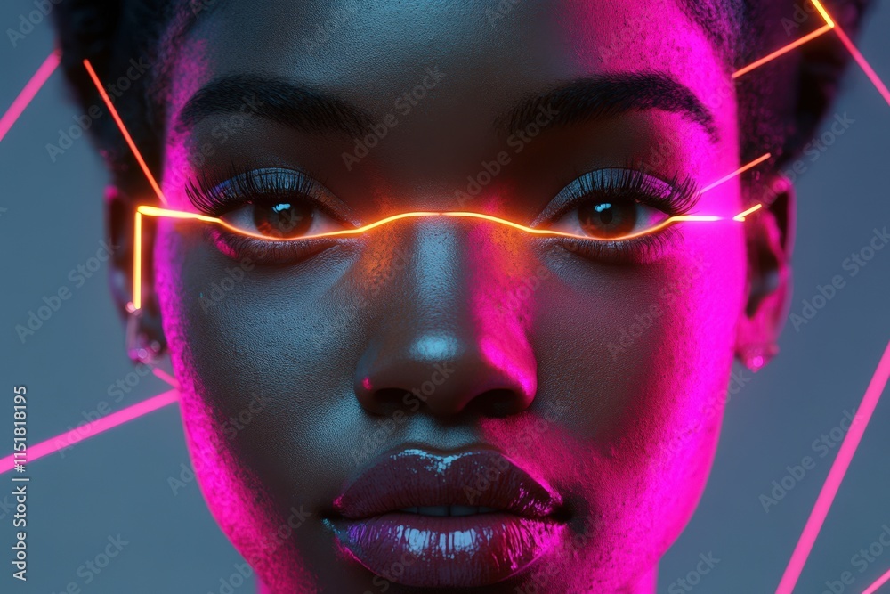 Sticker Neon Lights Illuminate a Womans Face Enhancing Beauty