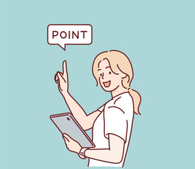 The businesswoman is holding an iPad and pointing at a highlighted speech bubble. Hand drawn style vector design illustrations.