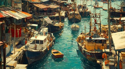 Obraz premium A Harbor Scene with Boats and Buildings