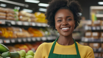 Portrait of a cheerful young black woman working as a cashier in a bustling grocery store, smiling warmly at customers while assisting them