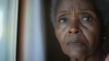 Worried senior african american woman gazing pensively through window, expressing deep concern and contemplation