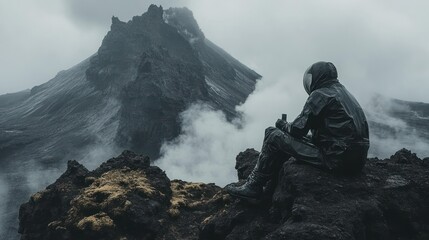 Person in rain gear sits on volcanic rock, overlooking misty mountain peak.