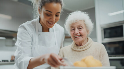 Occupational therapist helps a smiling senior woman using adaptive kitchen tools, promoting independent living and enhancing quality of life