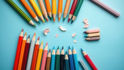 Colorful Pencils Arranged in a Circular Pattern on a Light Blue Background with Pencil Shavings