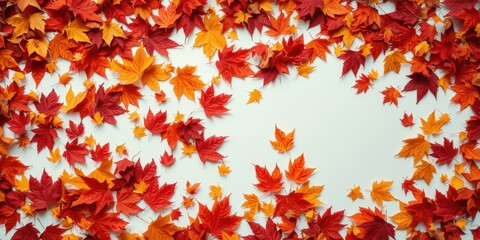 Autumnal foliage arrangement with vibrant red and orange leaves on a white background, creating a seasonal design.