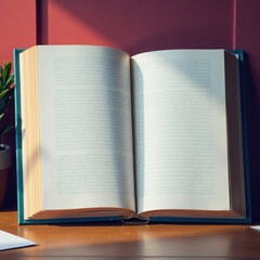 Large book with open pages resting against a wall, some papers scattered around, wooden wall, open pages