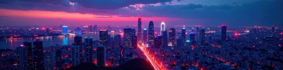 Fototapeta premium Neon-lit cityscape at dusk with vibrant colored lights, glowing, urban jungle, night scene