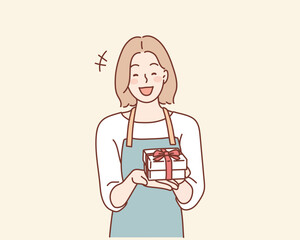 The clerk hands over the wrapped gift. Hand drawn style vector design illustrations.