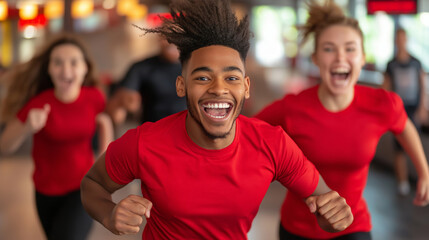 Active millennials exercising and laughing while wearing athletic clothing inside fast food restaurant environment, highlighting fitness enthusiasm