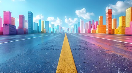 Obraz premium Vibrant Cityscape with Colorful Skyscrapers and Open Road
