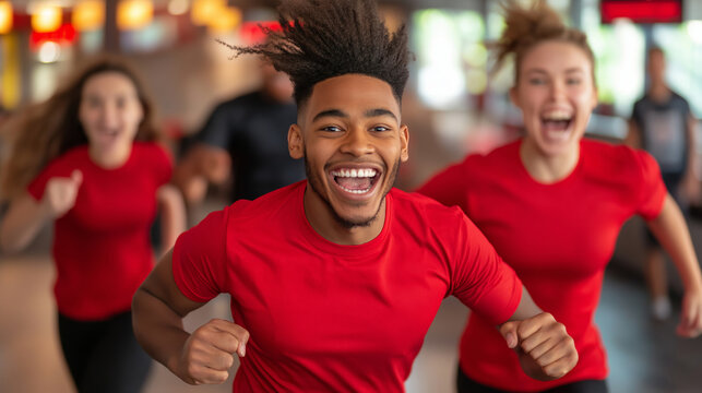 Active millennials exercising and laughing while wearing athletic clothing inside fast food restaurant environment, highlighting fitness enthusiasm