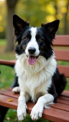 Panting Border Collie Sitting on Wooden Bench, nature, merle
