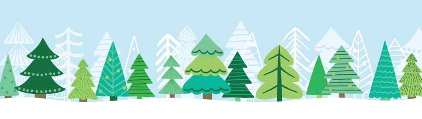 Cute Christmas tree banner. Winter landscape. Abstract hand drawn decoration. Vector illustration