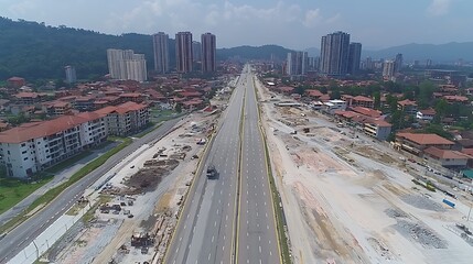 Aerial view of highway under construction in a city surrounded by mountains.