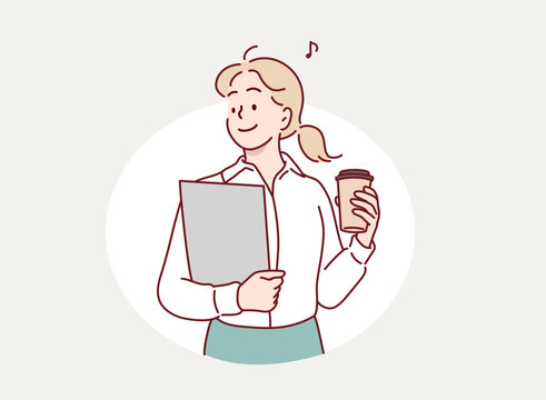 A woman happily heading to work while holding a takeout coffee. Hand drawn style vector design illustrations.
