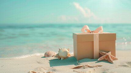 Surprise, happiness, and holiday gifting. Present or gift box with a bow placed on the sandy beach. Holidays celebration on the exotic place. Copy paste empty place for text