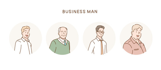 Collection of male avatars of businessmen and office employees. Hand drawn style vector design illustrations.