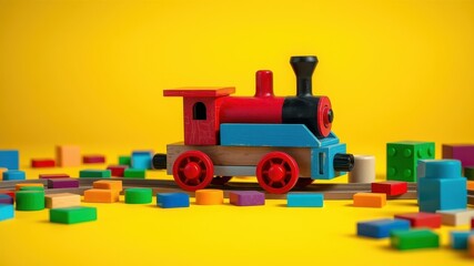 A colorful wooden toy train on tracks surrounded by various shaped blocks against a vibrant yellow background