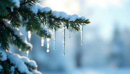 Sparkling icicles hanging from a frosty evergreen tree against a pale winter sky, sparkle, icicle, tree