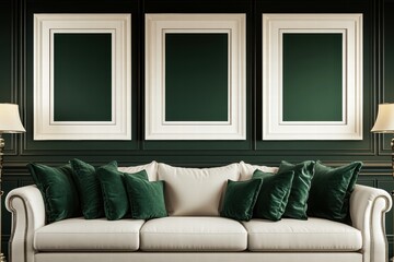 Fototapeta premium Elegant Cream Sofa with Green Velvet Pillows in a Classic Dark Green Interior