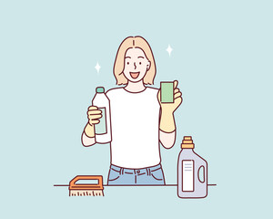  young woman wearing yellow rubber gloves and holding clean spray. Hand drawn style vector design illustrations.