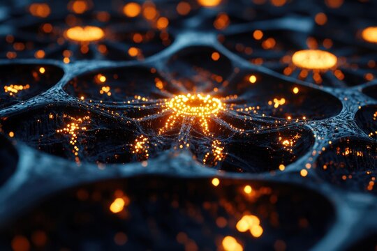 Abstract Dark Network With Glowing Orange Nodes - Powered by Adobe